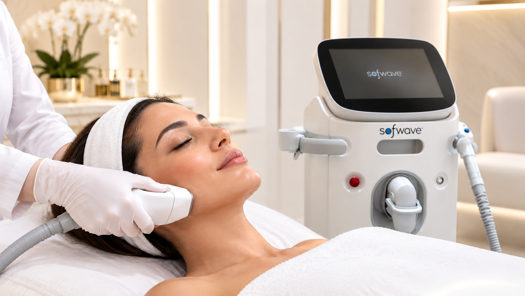 Non-invasive ultrasound skin tightening for the face, neck, and décolletage, FDA-cleared, no downtime, results in one session.